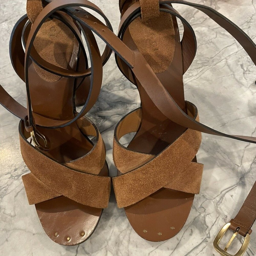 GUCCI 37.5 Brown Suede & Leather Ankle Wrap Strap Sandal Heels Maori - Picture 10 of 11